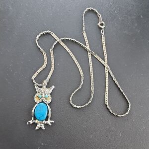 Silver Owl Pendant Necklace with Turquoise Accents